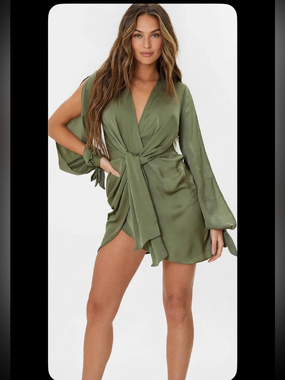 PrettyLittleThing Olive Green Satin Wrap Mini Dress with Tie